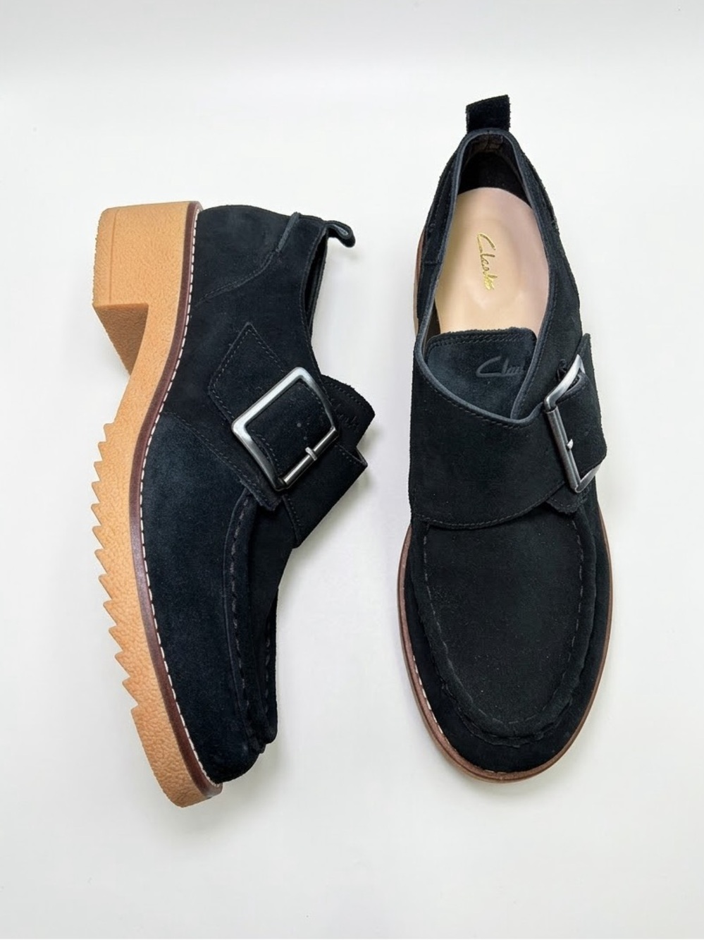 Clarks Eden Mid Monk Black Suede Single Monk Strap Loafers Size 10